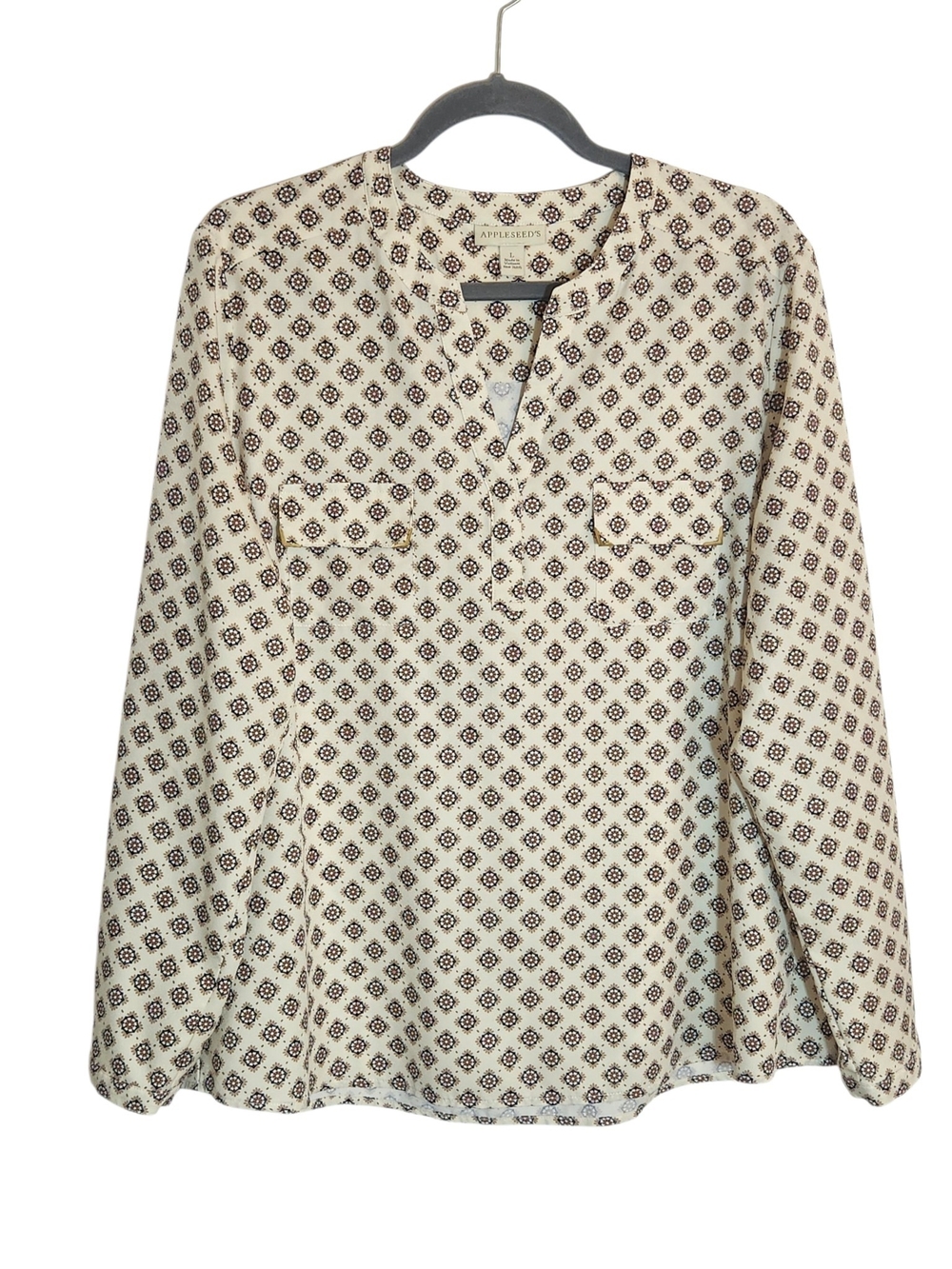 Appleseed's Cream and Brown Medallion Print Blouse Size Large